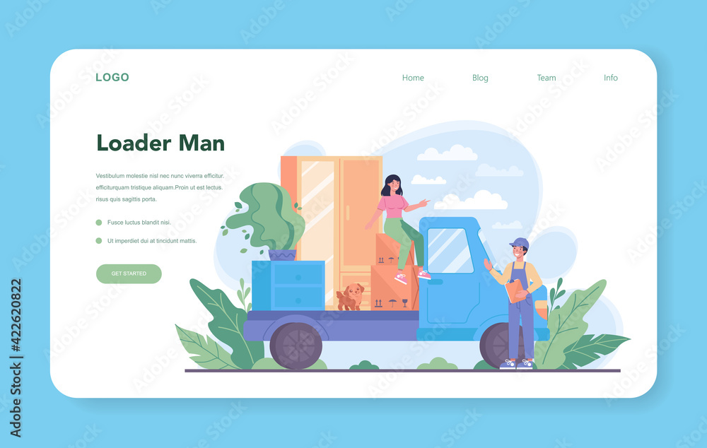 Loader web banner or landing page. Worker in uniform carrying boxes set. Loader web banner or landing page. Worker in uniform carrying boxes set.