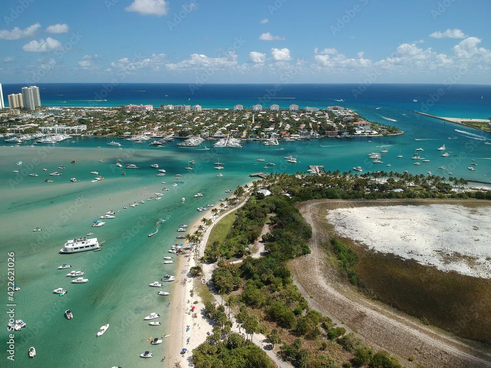 Peanut Island drone photography of boats at the sandbar and Singer Island near West Palm Beach, Florida, Palm Beach County