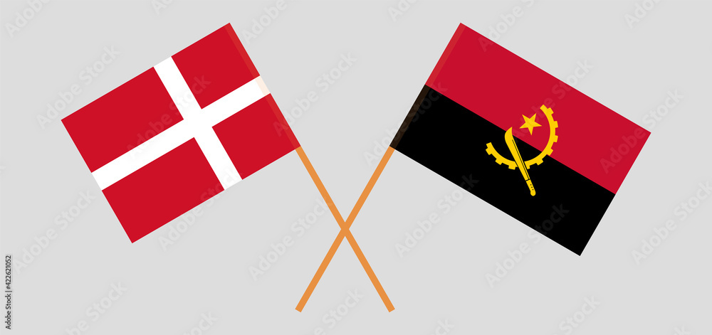 Crossed flags of Denmark and Angola. Official colors. Correct proportion Crossed flags of Denmark and Angola. Official colors. Correct proportion