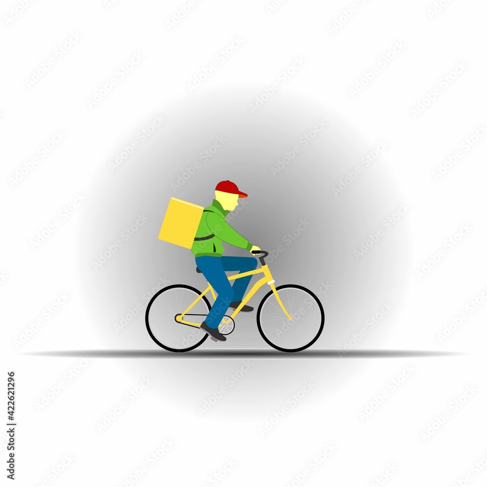 Courier delivering goods on a bicycle. Food delivery service concept.