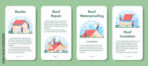 Roof construction worker mobile application banner set. Building fixing