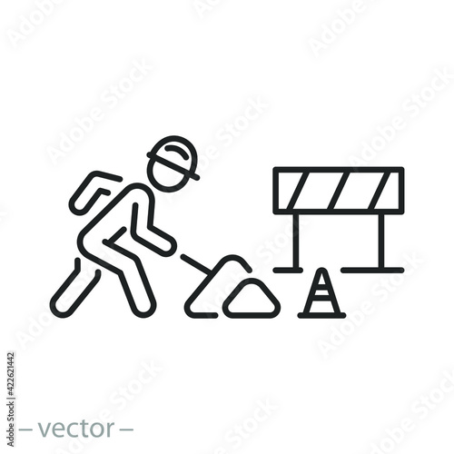 road work icon, construction or maintenance, workman with shovel, warning safety, thin line symbol on white background - editable stroke vector eps10
