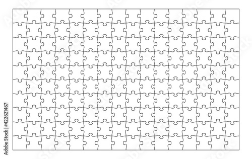 Set of one hundred sixty puzzle pieces. Puzzle with different types of details and the ability to move each part. Black and white vector illustration isolated on white background.