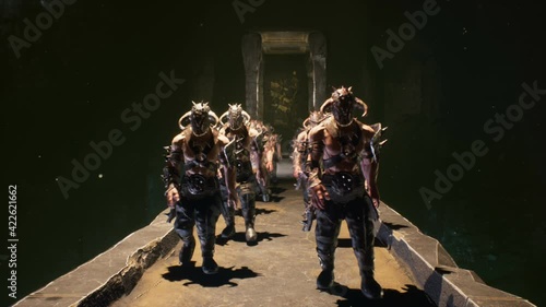 Ancient muscle warriors march across a stone bridge in an underground castle. The animation is designed for military, historical and fantasy backgrounds. photo