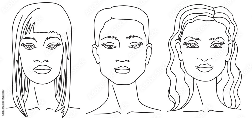Three women of different nationalities and cultures together line art. Vector doodle illustration Three women of different nationalities and cultures together line art. Vector doodle illustration