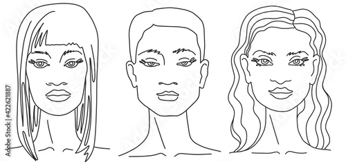 Three women of different nationalities and cultures together line art. Vector doodle illustration