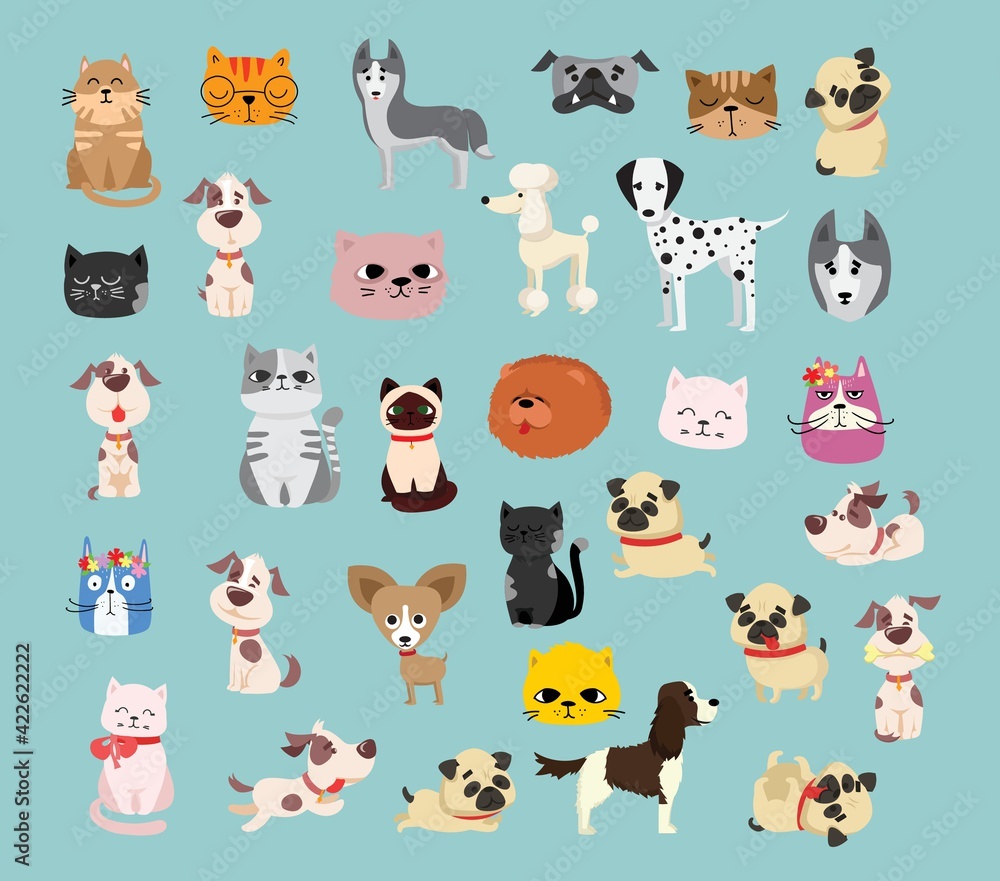 Vector illustration set of cute and funny cartoon pet characters. Different breed of dogs and cats Vector illustration set of cute and funny cartoon pet characters. Different breed of dogs and cats