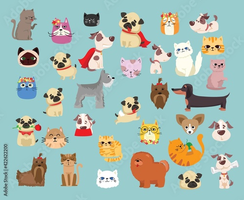 Fototapeta Naklejka Na Ścianę i Meble -  Vector illustration set of cute and funny cartoon pet characters. Different breed of dogs and cats