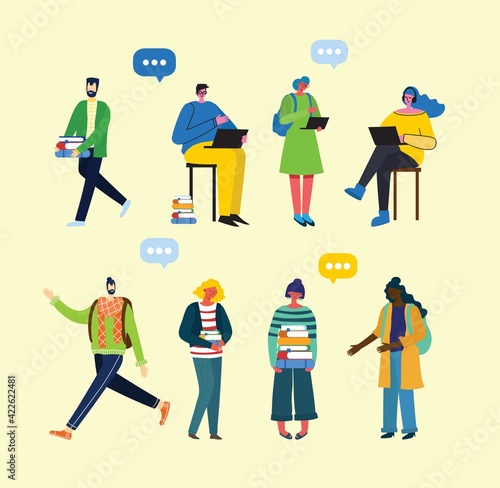 vector set of students with gadgets and books