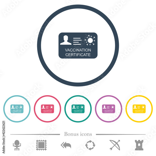Vaccination certificate flat color icons in round outlines
