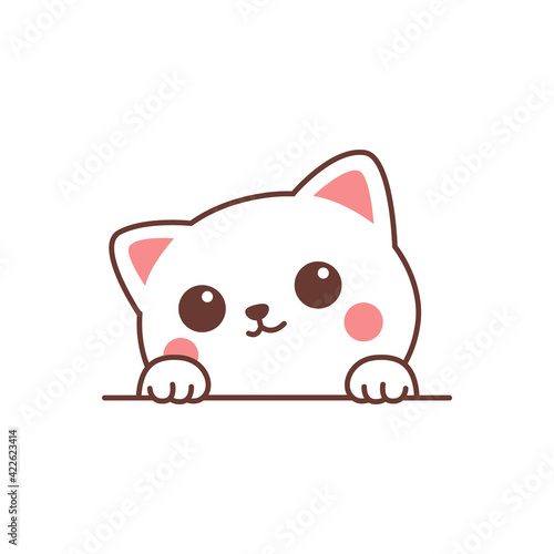 Cute white cat paws up over wall cartoon, vector illustration