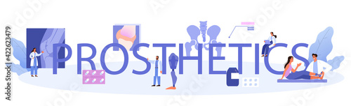 Prosthetic typographic header. Idea of orthopedics treatment. Human anatomy