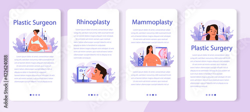 Plastic surgeon mobile application banner set. Idea of body and face correction