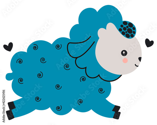 Little funny blue prancing lamb in the Scandinavian style on a white background. Vector.