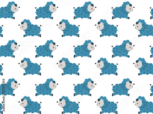 Seamless pattern of little funny blue prancing lambs in the Scandinavian style on a white background. For bedding, textile, fabric, nursery wallpaper. Vector.