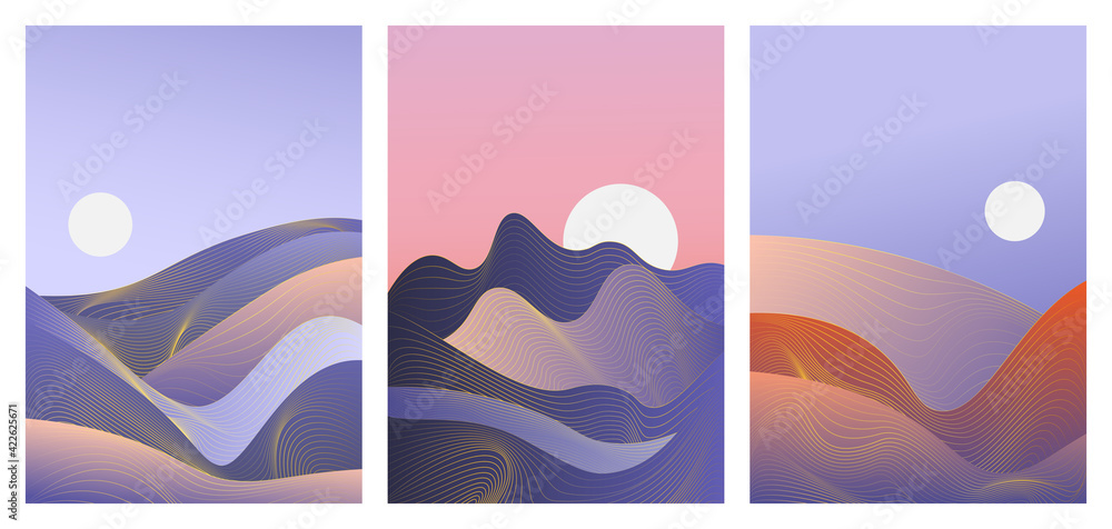 Abstract simple blue waves in minimal gradient nature landscape vector illustration set. Minimalist wavy night scenery and purple sky in vertical modern template background for social media stories