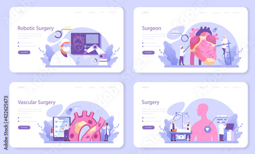Surgeon web banner or landing page set. Doctor performing medical operations