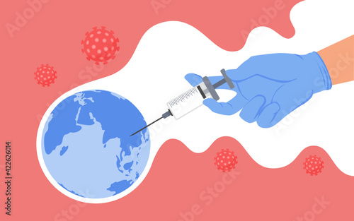 Vaccination, global world medicine protection from coronavirus concept vector illustration. Cartoon doctor hand in medical glove holding vaccine injection syringe to vaccinate globe planet background