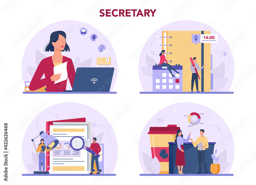 Secretary concept set. Receptionist answering calls and assisting
