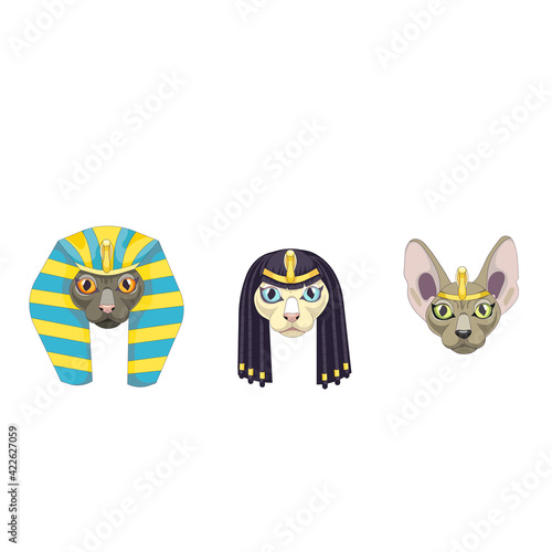 Set of Sphynx cats in Ancient Egypt head cloths in Cartoon style, hairless cats with a wig, stripped Nemes and tiara on white isolated background, concept of Ancient Egypt culture and Fashion, Pets.