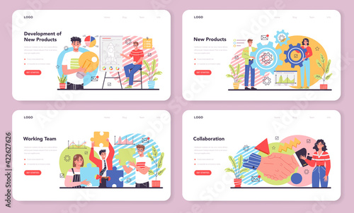 Collaboration web banner or landing page set. Office characters working