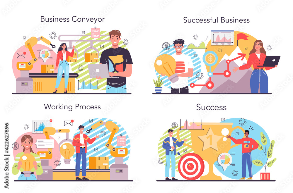 Business conveyor concept set. Idea of business development Business conveyor concept set. Idea of business development