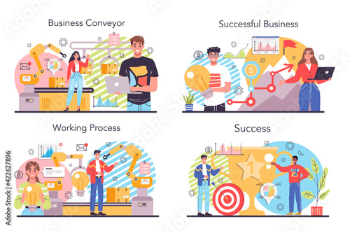Business conveyor concept set. Idea of business development