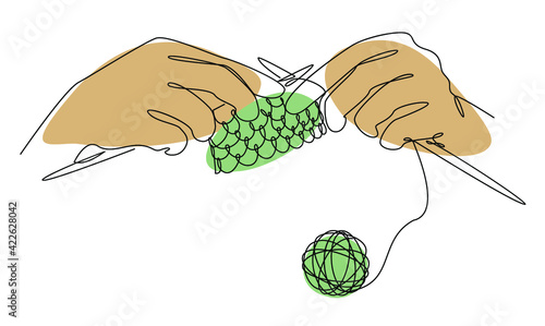 Knitting with threads. Hands of man, woman in modern trendy style with one line. Solid line, outline for decor, posters, stickers, logo. Vector illustration.