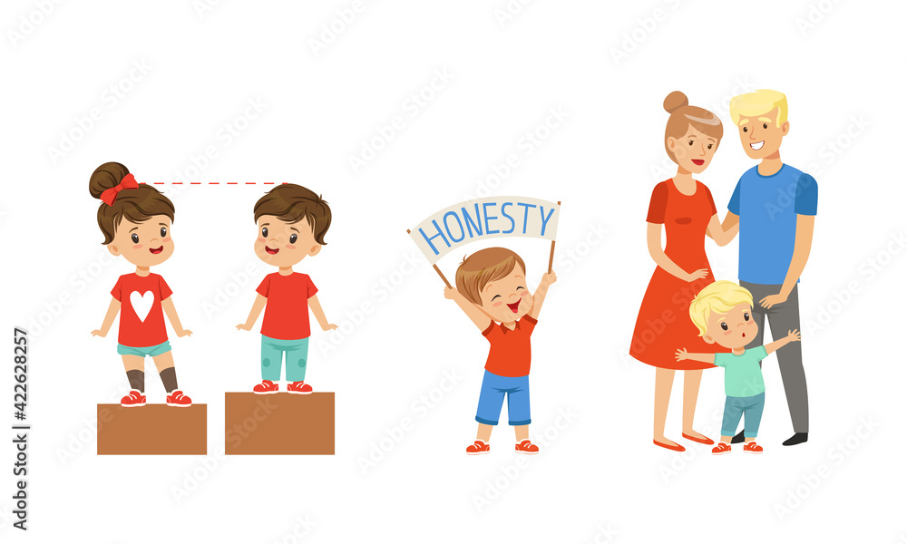 Kind and Fair Little Girl and Boy Character Holding Honesty Banner and Protecting Parents Vector Illustration Set Kind and Fair Little Girl and Boy Character Holding Honesty Banner and Protecting Parents Vector Illustration Set