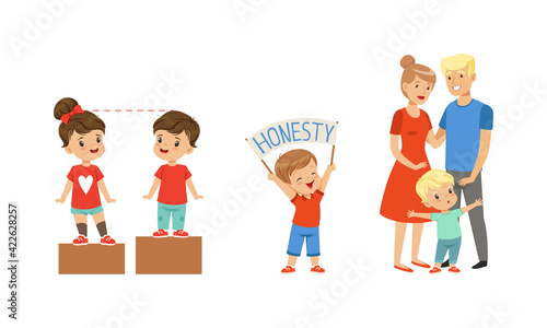 Kind and Fair Little Girl and Boy Character Holding Honesty Banner and Protecting Parents Vector Illustration Set
