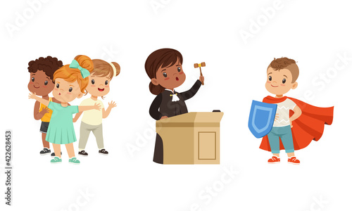 Kind and Fair Little Girl Character Protecting Agemate and Boy Holding Shield Vector Illustration Set