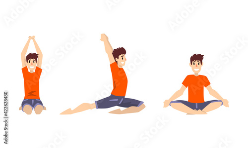 Smiling Man in Red Sweatshirt Doing Yoga Breathing in Different Asana Vector Set