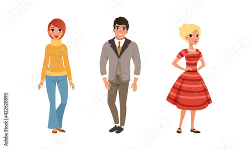 Young Man and Woman Wearing Retro Clothing Vector Set
