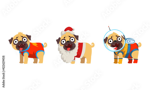 Funny Pug Dog in Colorful Costumes Vector Set