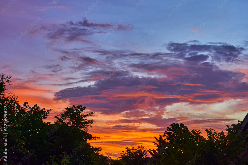 Incredible red sunset clouds against the violet sky Incredible red sunset clouds against the violet sky