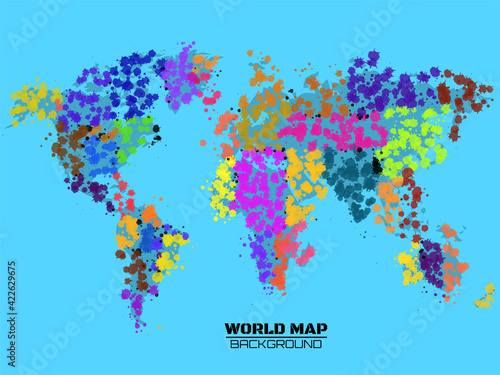 Abstract colorful world map in the form of blots, colorful ink splashes, grunge splatters. Vector illustration