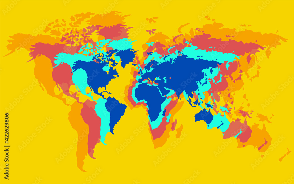 Abstract world map with colorful overlaps. Vector illustration