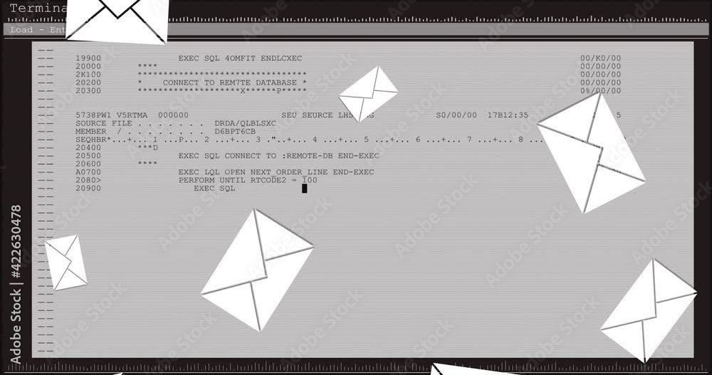 Animation of email envelope icons and data processing on computer screen in background Animation of email envelope icons and data processing on computer screen in background