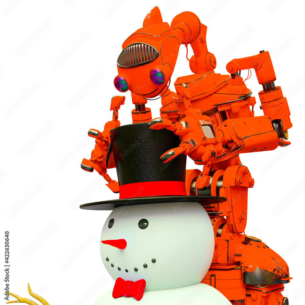 friendly robot is building a snow man in white background close up friendly robot is building a snow man in white background close up