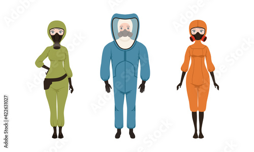Man and Woman Wearing Protective Uniform with Breathing Gas Mask Vector Set