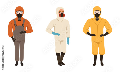 Man Wearing Protective Uniform with Breathing Gas Mask Vector Set