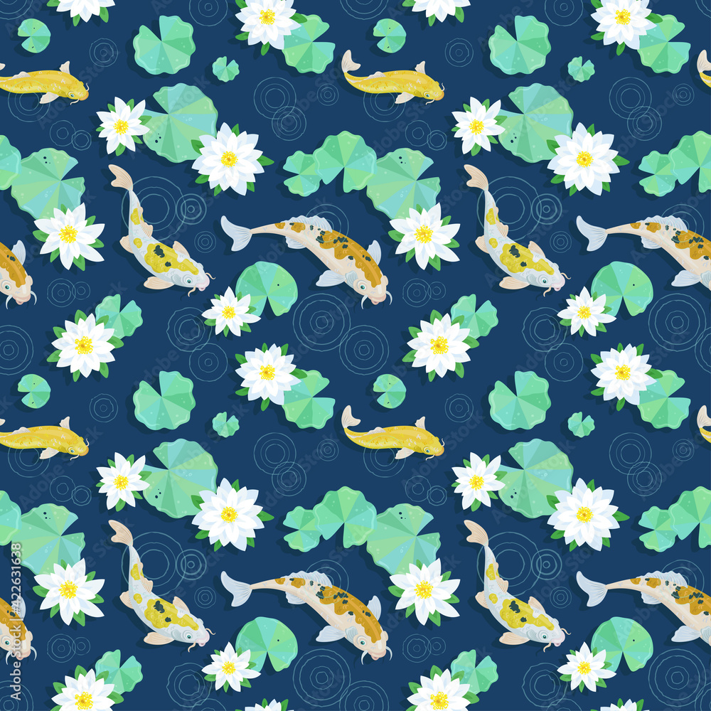 Golden Japanese koi carps and white water lilies on the pond in the rain. Seamless pattern on a dark blue background. Vector  illustration.