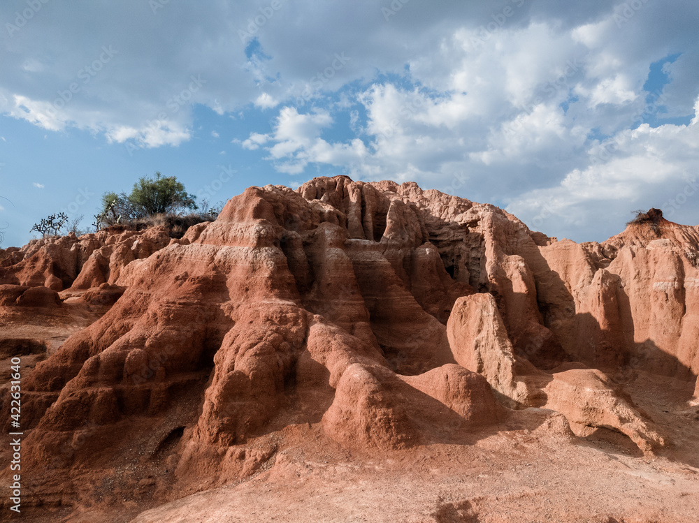 landscape of eroded rocks and ravines in the desert.