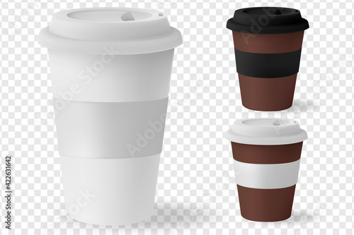 Paper cup for hot coffee with black lid isolated on white background. Takeaway blank small tea cup for your design text or banner of brand.