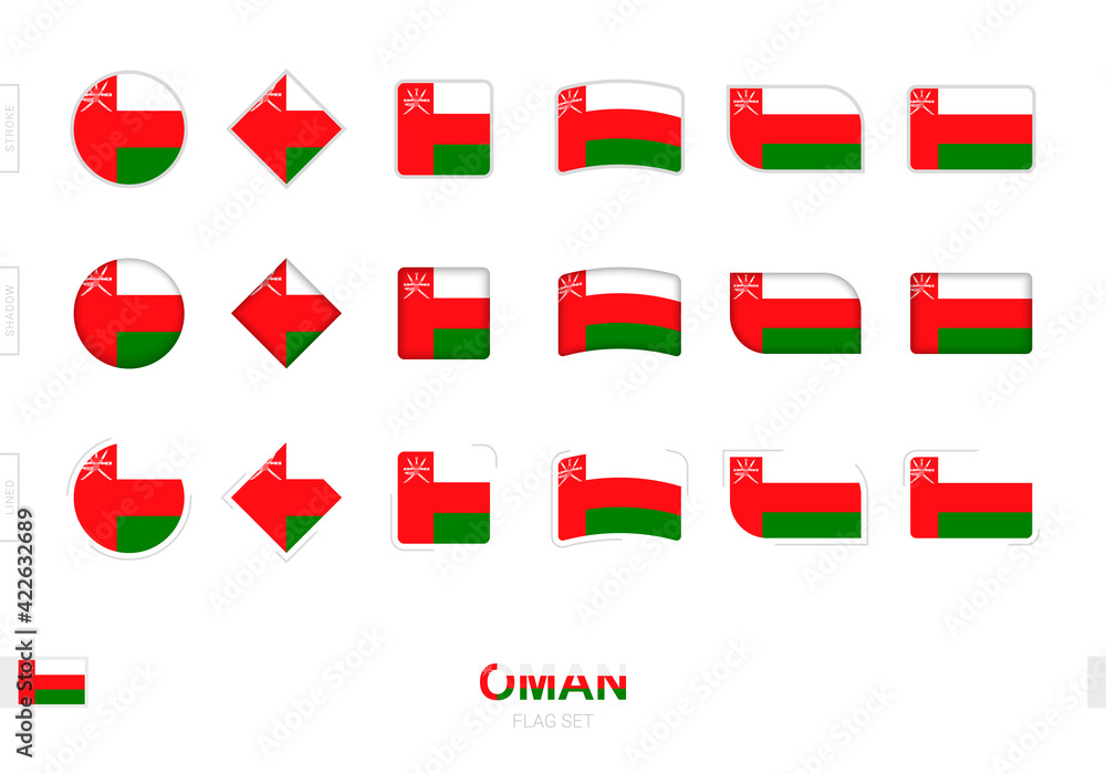 Oman flag set, simple flags of Oman with three different effects.
