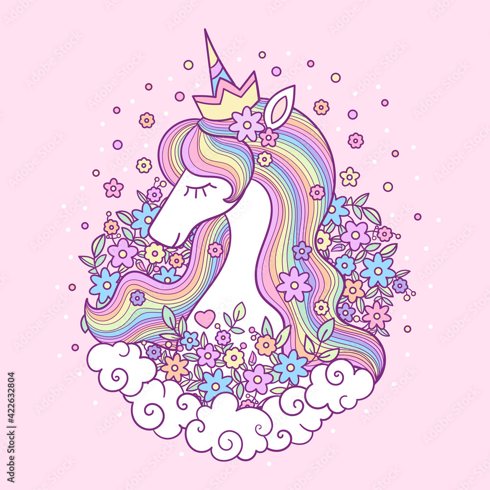 Cute cartoon unicorn princess. Children's illustration. Vector