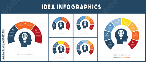 Silhouette of  head with lamp in the shape of  brain. Idea concept. Infographic template set.