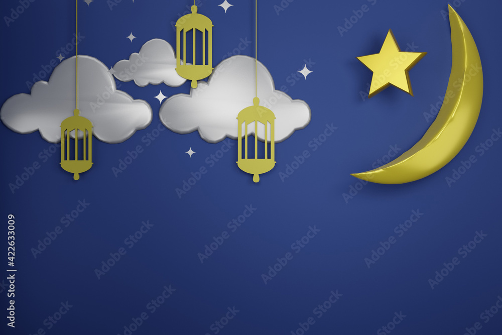 3D Rendering Of Moon, Star, Cloud, Lampion and Ramadhan Theme. Perfect For Background, Advertisement, Celebration, Discount, add Text, Template and Mock Up Object.
