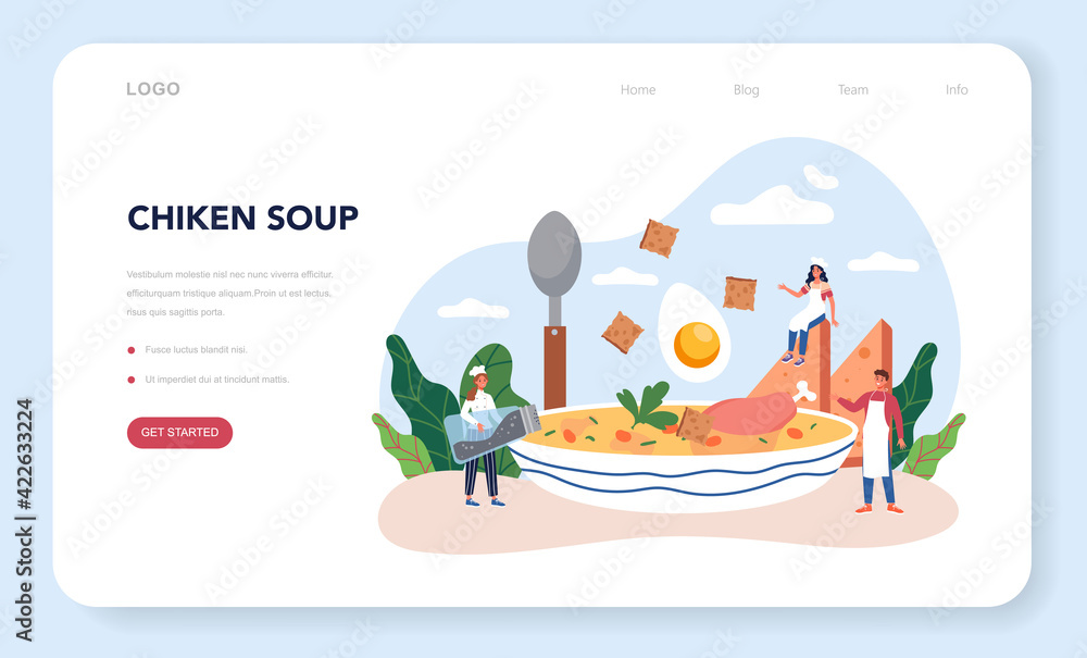Chicken soup web banner or landing page. Tasty meal and ready dish