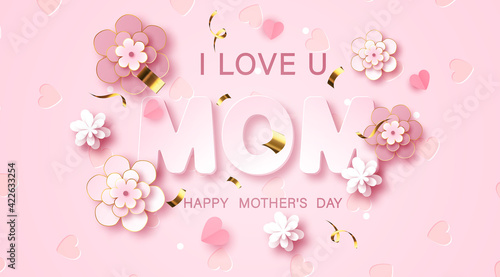 Mother's day greeting card with beautiful blossom flowers background. Best mom ever cute feminine design for menu, flyer, card, invitation.